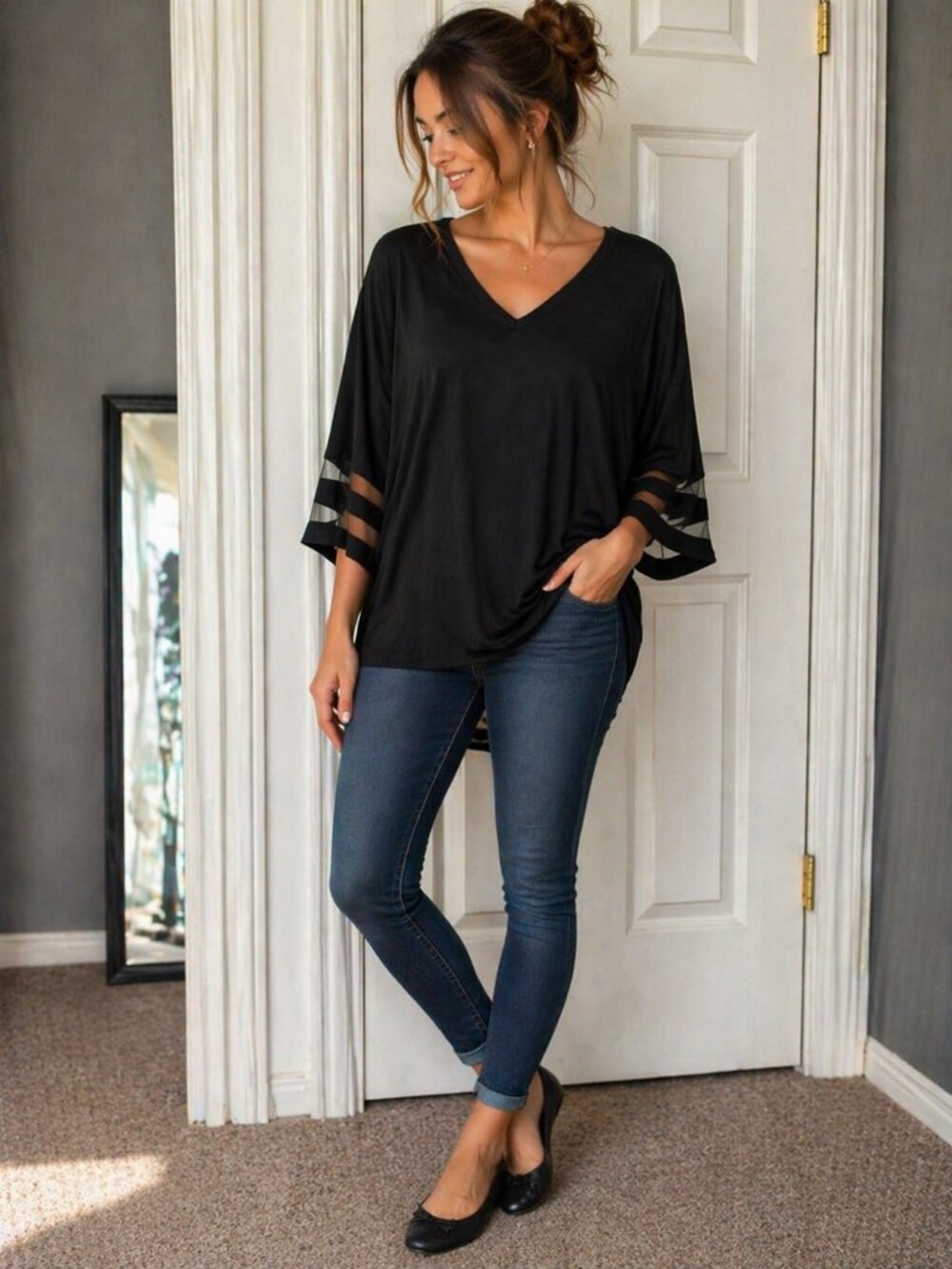 Black V Neck Tunic Top, Flowy Short Sleeve Blouse, Sheer Sleeve Detail